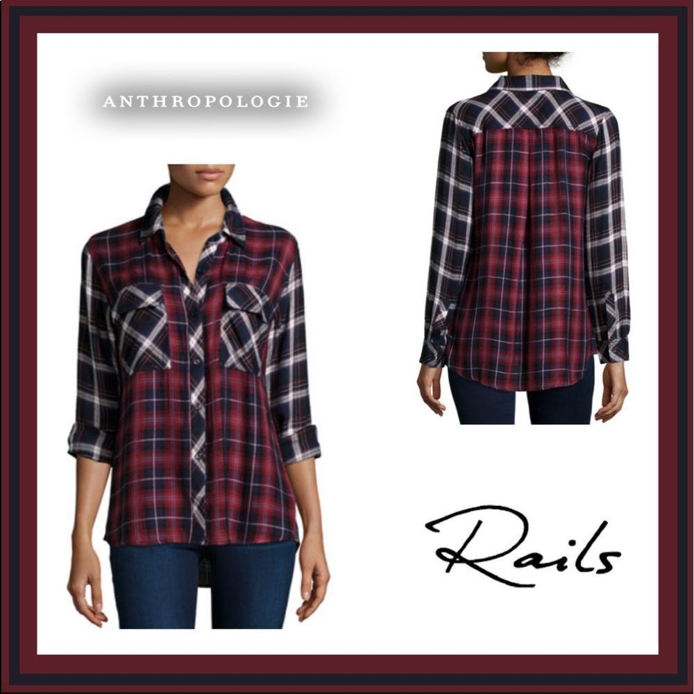 Anthropologie Rails Liza Two-Tone Flannel Plaid Button Down Shirt Wine/Navy Sz S